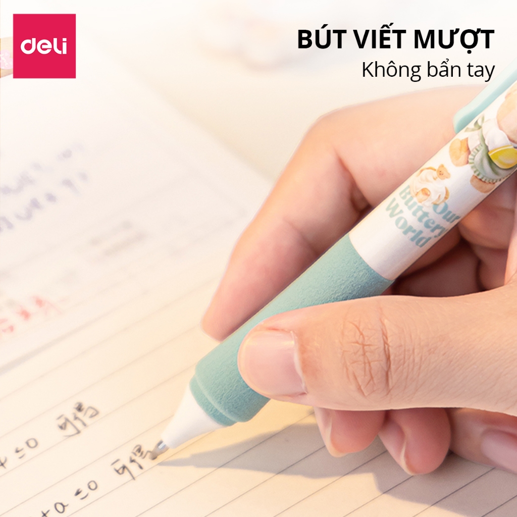 Bút Gel Bút Bi Nước Butterbear Deli Dễ Thương Viết Trơn Tru Có Đệm Tay Êm Ái Mực Đen Ngòi 0.5mm