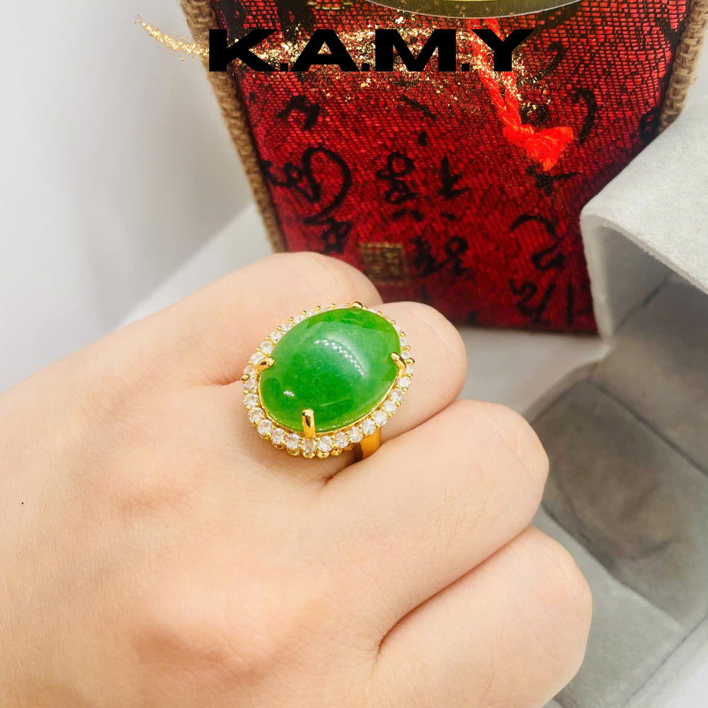 Nhẫn Nữ Đá Màu Xanh Lá Viền Đá Trắng K.A.M.Y – Thiết Kế Nổi Bật, Phong Cách Trang Nhã