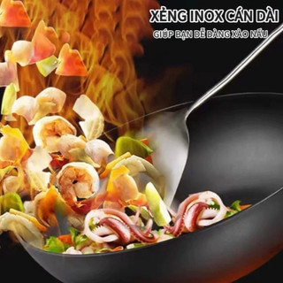 Vá inox xẻng xào inox Cao cấp cán gỗ dài 43cm loại dày Chubby Chef thân dài liền và chống nóng vá canh xẻng xào thức ăn