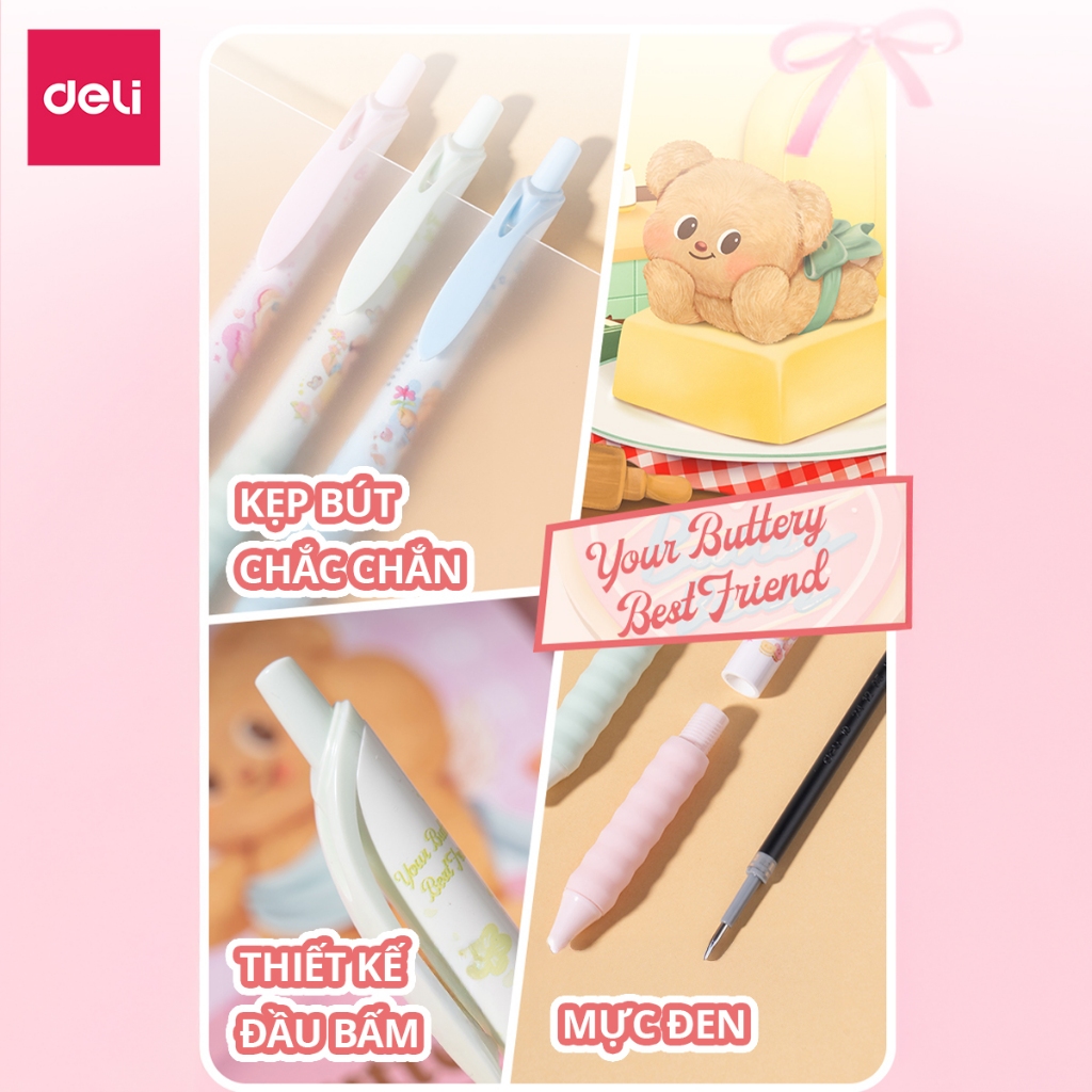 Bút Gel Bút Bi Nước Butterbear x Deli Dễ Thương Trơn Tru Mực Đen Mực Ra Đều Ngòi 0.5mm Đệm Tay