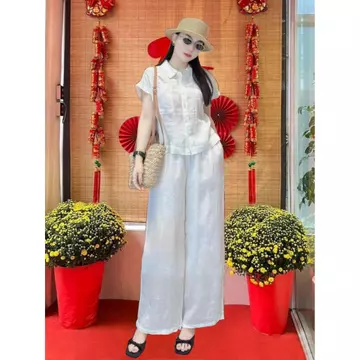 Set đồ nữ Sơ Mi Thu, Set đồ tết áo sơ mi tay ngắn, Set đồ nữ quần dài ống suông chất liệu đũi tơ xước cao cấp