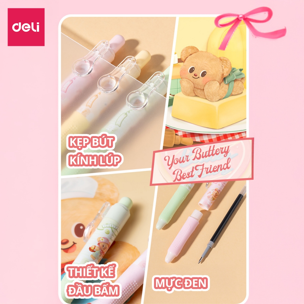 Bút Gel Bút Bi Nước Butterbear x Deli Dễ Thương Mực Đen Ngòi 0.5mm Kẹp Bút Kính Lúp Viết Trơn Tru