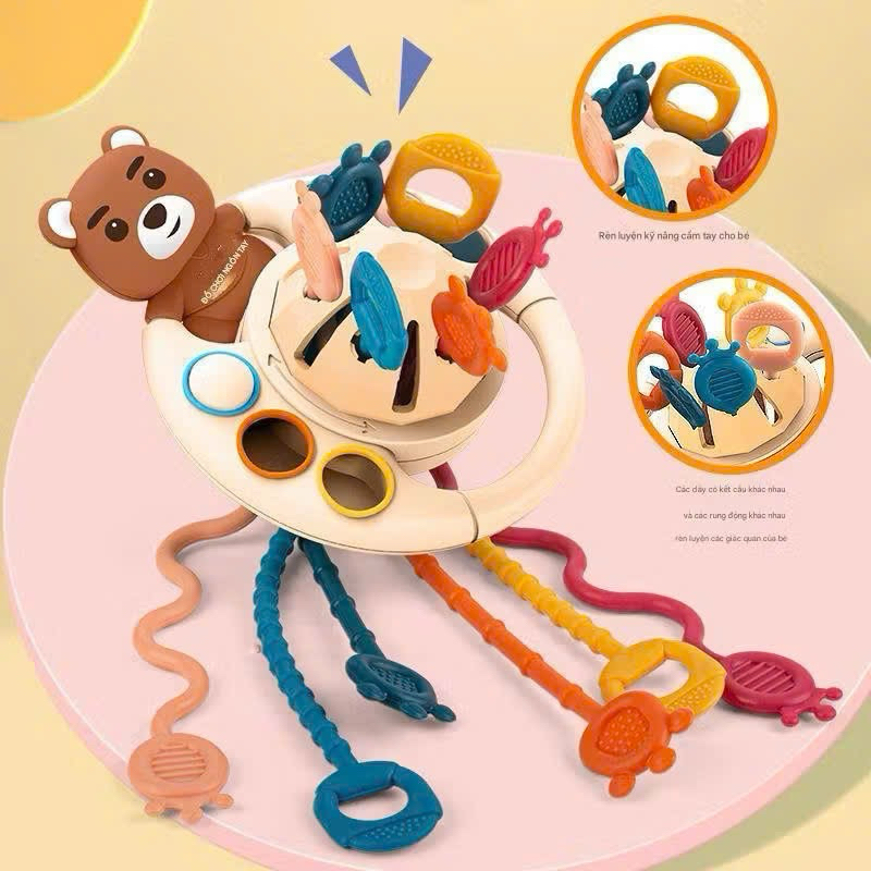 Đồ chơi gấu rút dây cho bé gặm nướu silicon kết hợp vận động tinh giáo dục sớm montessori dây kéo cầm tay cho bé