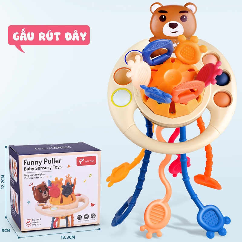 Đồ chơi gấu rút dây cho bé gặm nướu silicon kết hợp vận động tinh giáo dục sớm montessori dây kéo cầm tay cho bé
