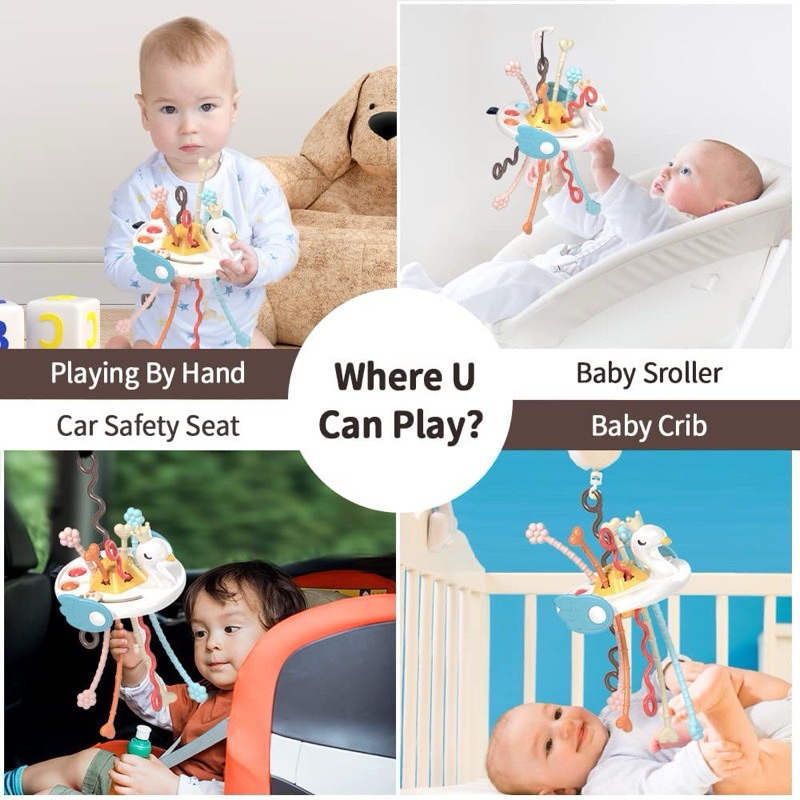 Đồ chơi gấu rút dây cho bé gặm nướu silicon kết hợp vận động tinh giáo dục sớm montessori dây kéo cầm tay cho bé