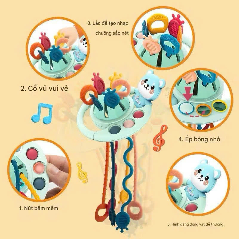 Đồ chơi gấu rút dây cho bé gặm nướu silicon kết hợp vận động tinh giáo dục sớm montessori dây kéo cầm tay cho bé