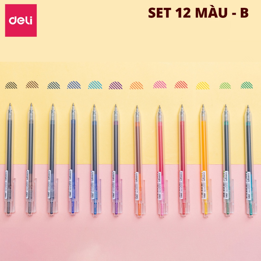 [TRỢ GIÁ] Set 12 màu bút bi nước mực gel bấm nhiều màu 0.5mm Deli nhanh khô viết trơn tru xinh xắn