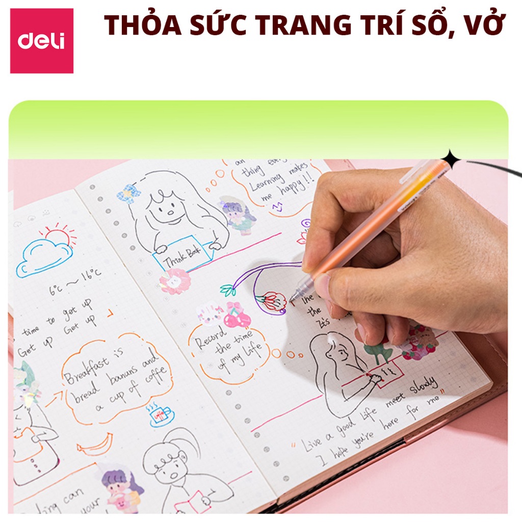 [TRỢ GIÁ] Set 12 màu bút bi nước mực gel bấm nhiều màu 0.5mm Deli nhanh khô viết trơn tru xinh xắn