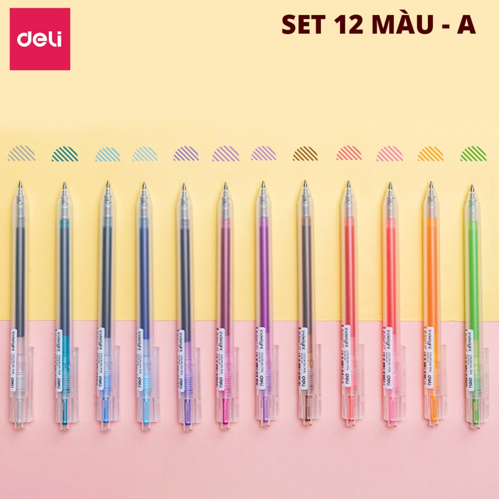 [TRỢ GIÁ] Set 12 màu bút bi nước mực gel bấm nhiều màu 0.5mm Deli nhanh khô viết trơn tru xinh xắn