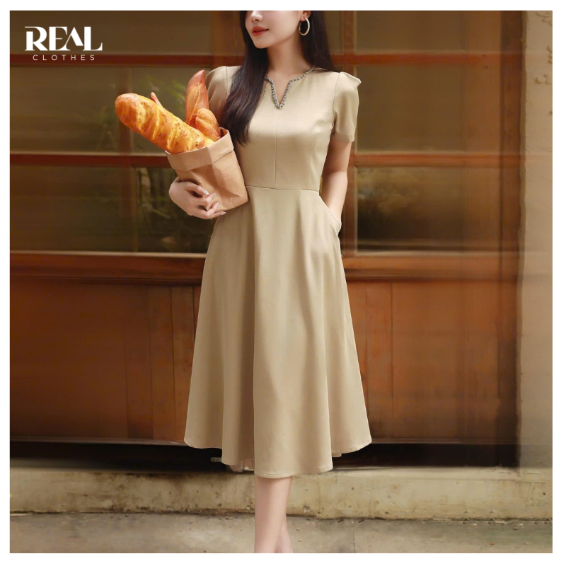 Đầm đi tiệc tay ngắn cúp ngực cà phê sữa Fairy REAL CLOTHES, CÓ TÚI, có lót, ít nhăn