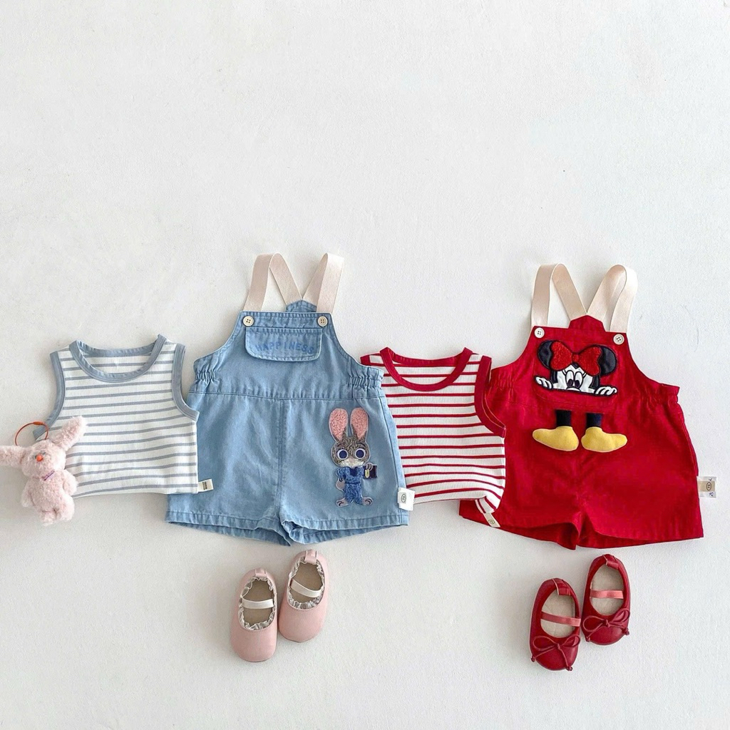 (Order) Yếm vải thô mềm hoạ tiết ngộ nghĩnh kèm áo sát nách kẻ ngang năng động dành cho bé gái