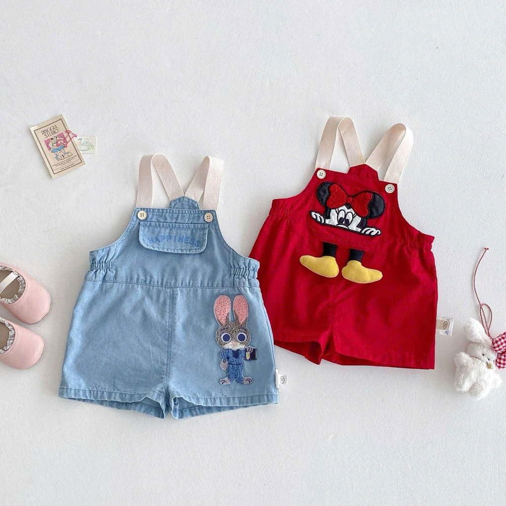 (Order) Yếm vải thô mềm hoạ tiết ngộ nghĩnh kèm áo sát nách kẻ ngang năng động dành cho bé gái