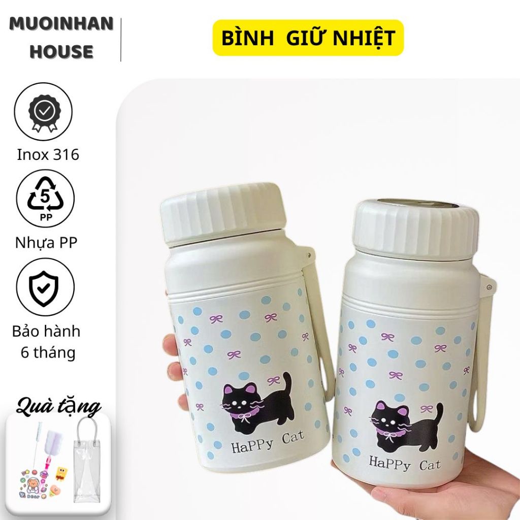 Bình giữ nhiệt thép 316 cấp cao họa tiết mèo xinh dung tích 800ml Nắp vặn chắc chắn có dây cầm tay