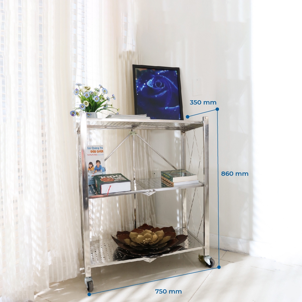 Kệ inox đa năng gấp gọn Ohawa 3 tầng QUI PHÚC, inox sáng bóng, tiện lợi, chân có bánh xe di chuyển