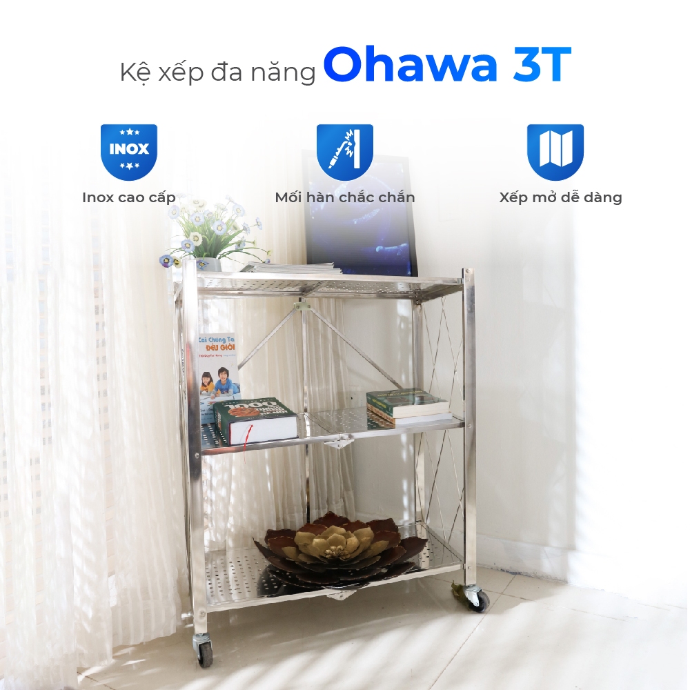 Kệ inox đa năng gấp gọn Ohawa 3 tầng QUI PHÚC, inox sáng bóng, tiện lợi, chân có bánh xe di chuyển