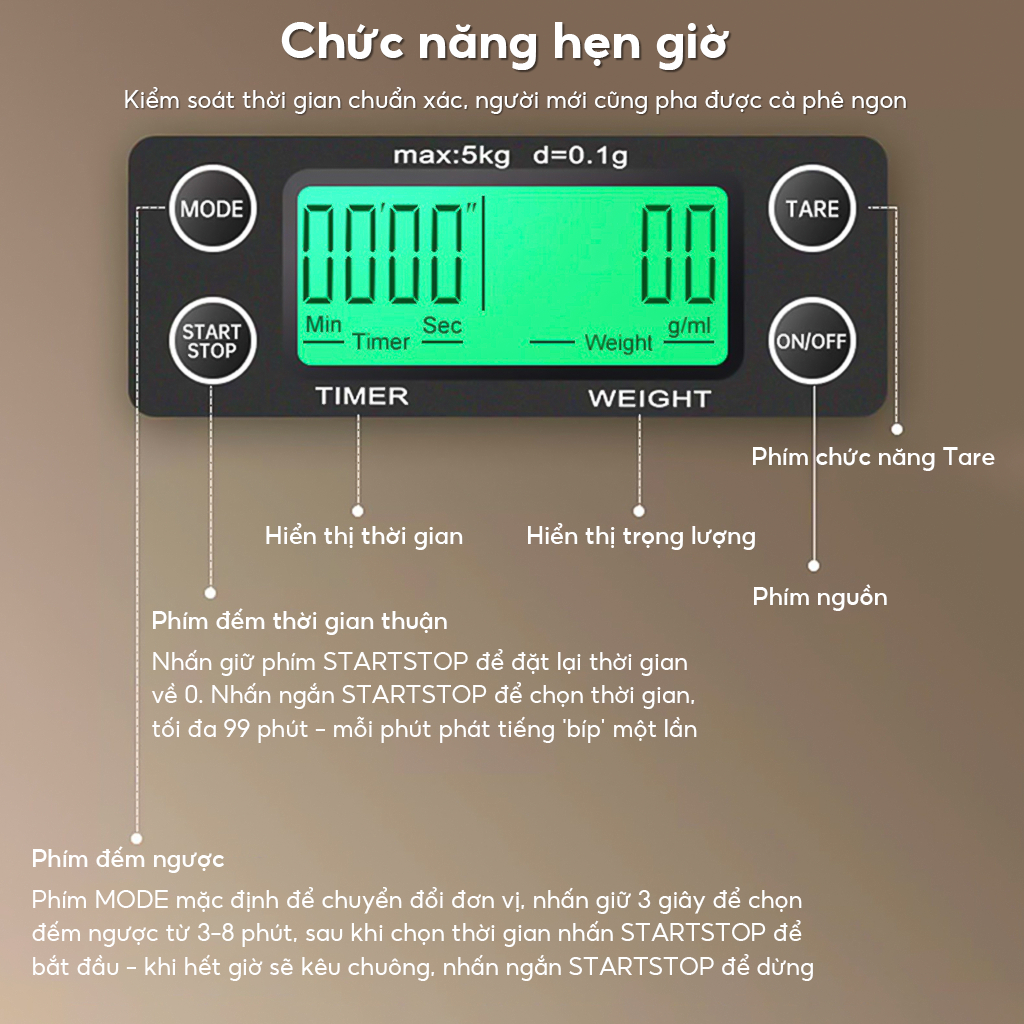 [COD] 5kg / 0.1g Drop cà phê quy mô với timer di động điện tử kỹ thuật số nhà bếp quy mô cao Precis