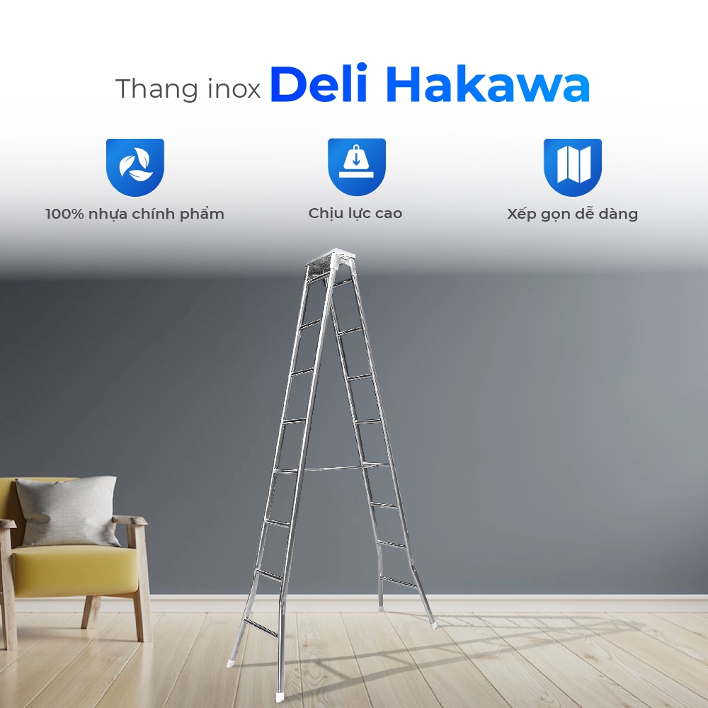 Thang inox chữ A Deli Hakawa QUI PHÚC, inox 201, chịu lực tốt, gấp gọn tiện lợi, chân chống trượt