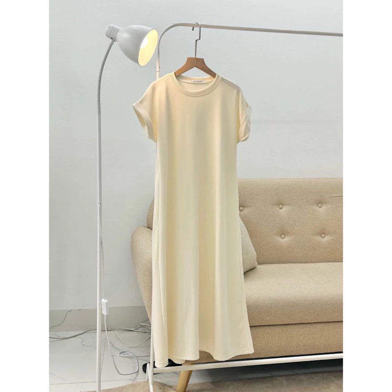 Đầm bầu dáng suông cộc tay đơn giản đi chơi Váy thun không cổ tay hến dáng dài form rộng màu trơn đen nâu be basic T369G