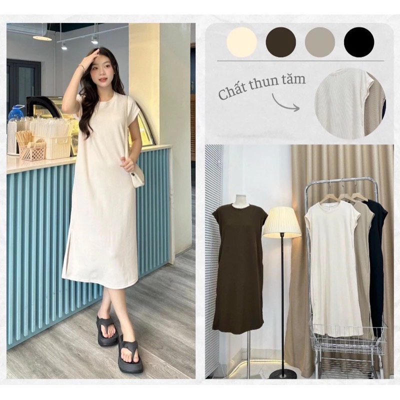 Đầm bầu dáng suông cộc tay đơn giản đi chơi Váy thun không cổ tay hến dáng dài form rộng màu trơn đen nâu be basic T369G