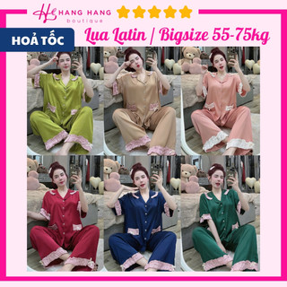 Đồ ngủ nữ bigsize 55-75kg, pijama dài cộc tay ngắn viền bèo lụa latin mịn mát 75CD07, đồ bộ nữ đồ mặc nhà trơn dễ thương