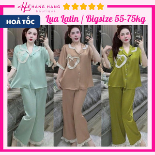Đồ ngủ nữ bigsize 55-75kg, pijama dài cộc tay ngắn viền bèo lụa latin mịn mát 75CD07, đồ bộ nữ đồ mặc nhà trơn dễ thương