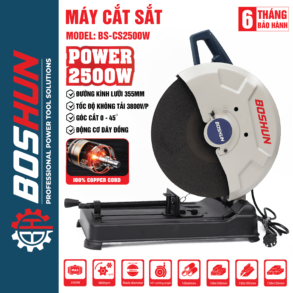 Máy cắt sắt bàn BS-CS2500W BOSHUN - Công Suất 2500W, Đường Kính Đĩa Cắt 355mm chính hãng