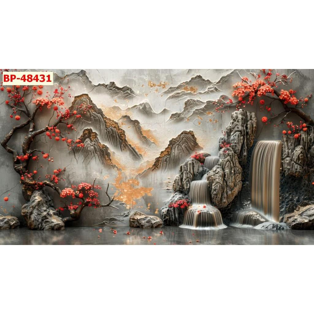 Tranh thủy mặc phong cảnh hoa đào đỏ, tranh lụa 3D dán tường