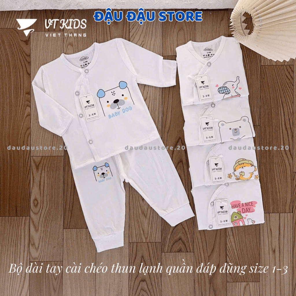 Set 5 Bộ dài tay VT thun lạnh cho bé sơ sinh 3-9 kg màu trắng chất thun lạnh mềm mịn in hoạ tiết DL016 Đậu Đậu Store