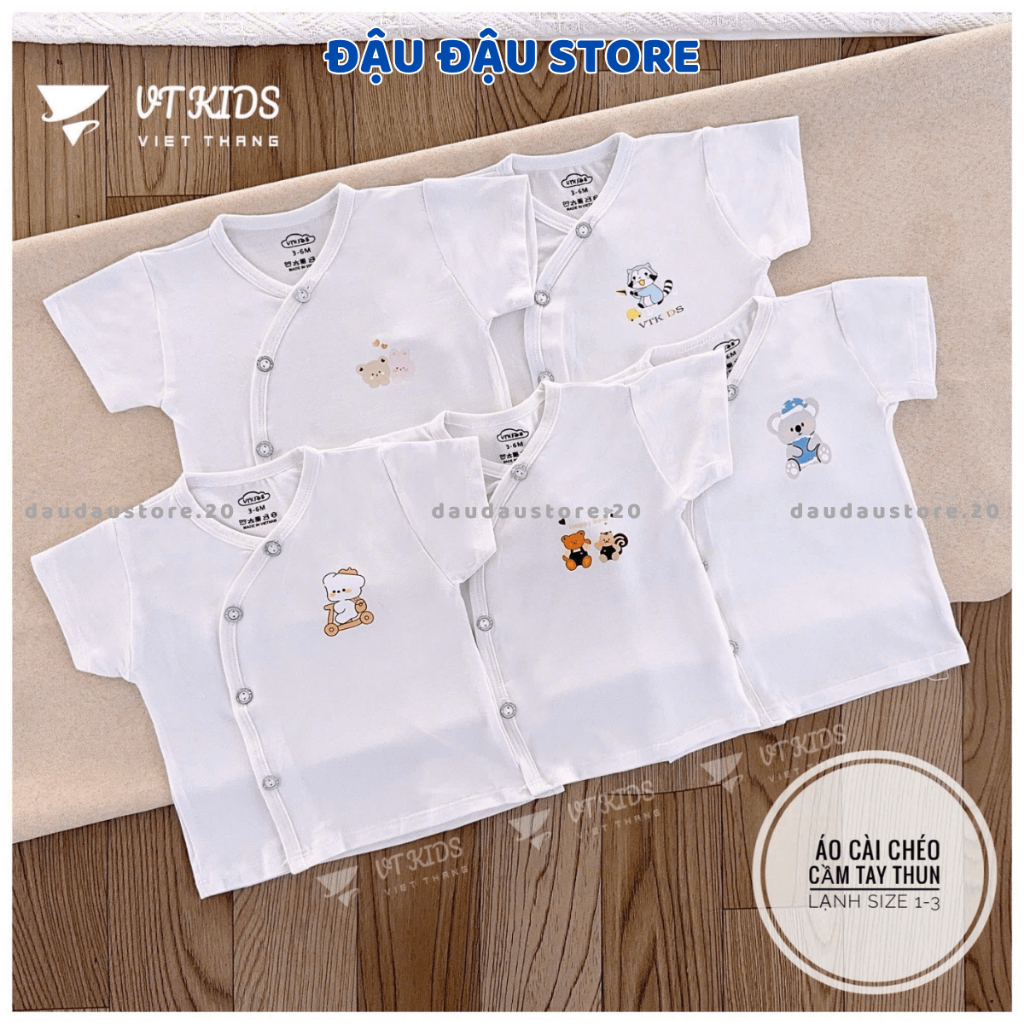 Set 5 Áo cộc áo ngắn tay sơ sinh vạt chéo thun lạnh phối hình VT in hoạ tiết cho bé 0 - 9 tháng [AL05] Đậu Đậu Store