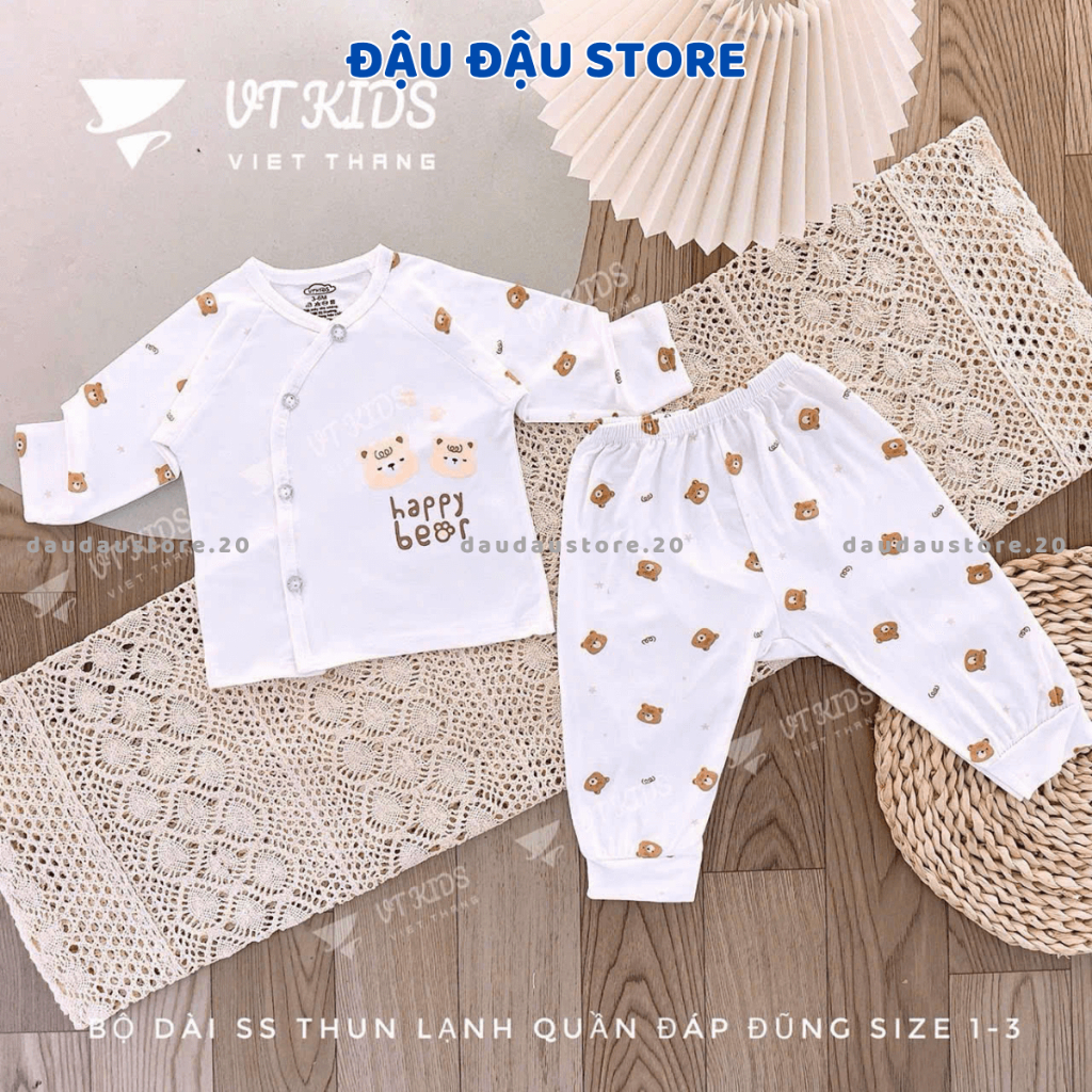 Set 3 Bộ dài tay chất thun lạnh VT cho bé sơ sinh mềm mịn thoáng in họa tiết đơn giản 3-9kg DL09 Đậu Đậu Store