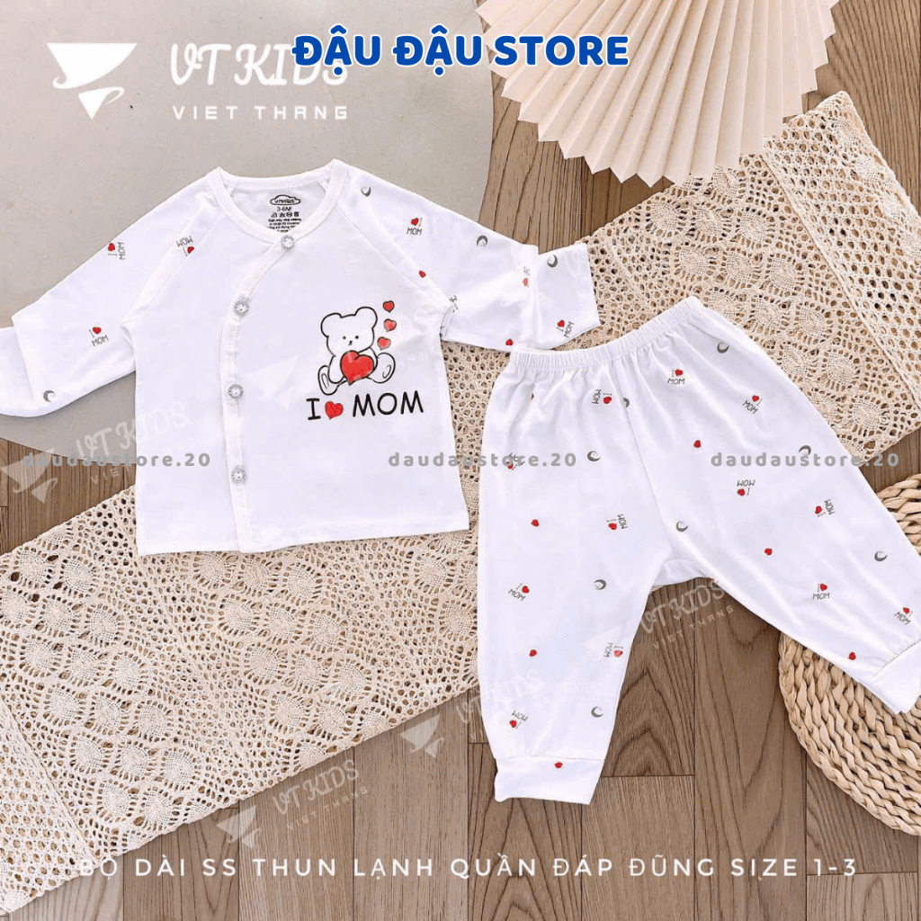 Set 3 Bộ dài tay chất thun lạnh VT cho bé sơ sinh mềm mịn thoáng in họa tiết đơn giản 3-9kg DL09 Đậu Đậu Store