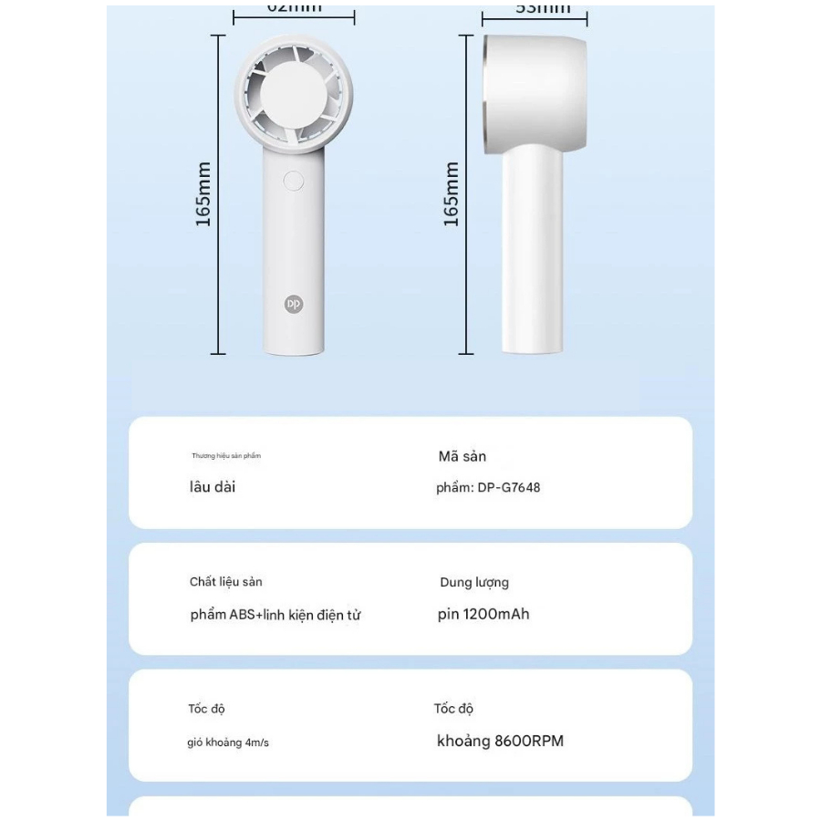 Quạt sạc tích điện cầm tay DP G7648 1200mAh có thể sạc lại, di động, gió mạnh, tốc độ cao 100 vòng/phút 3 cấp độ gió