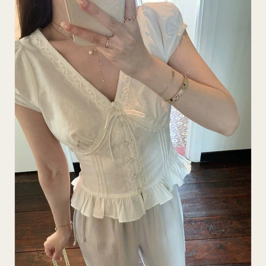 EMLY - Áo Sơ Mi Đũi Cổ Tim Phối Ren Có Nơ Dáng Babydoll, Áo Kiểu Nữ Mùa Hè Xinh Style Hàn Quốc