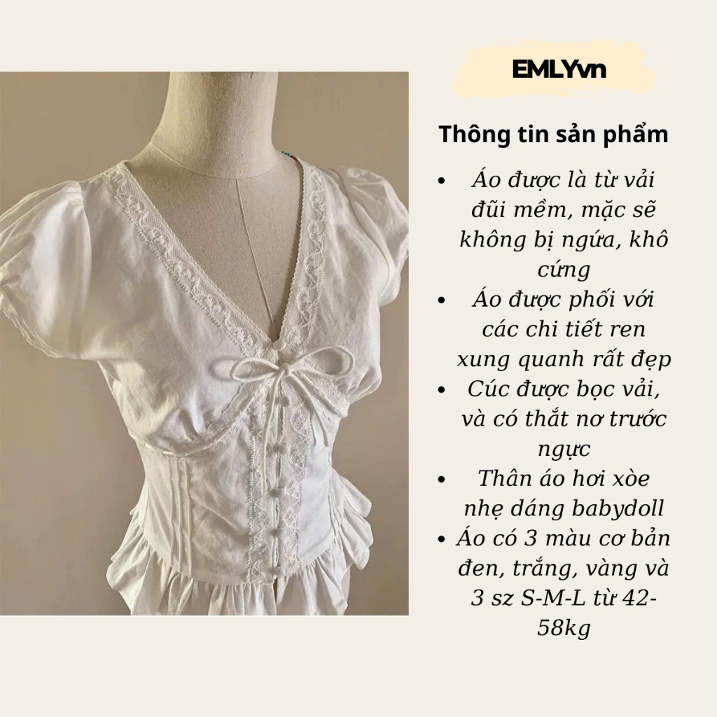 EMLY - Áo Sơ Mi Đũi Cổ Tim Phối Ren Có Nơ Dáng Babydoll, Áo Kiểu Nữ Mùa Hè Xinh Style Hàn Quốc