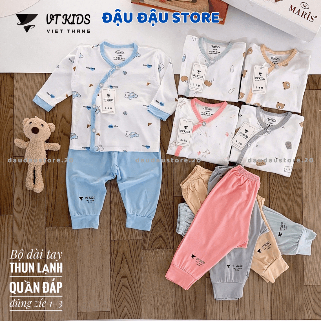 Combo 2/3 Bộ dài tay sơ sinh cho bé VT chất thun lạnh màu kem in hoạ tiết cho bé 0 - 9 tháng DL50 Đậu Đậu Store