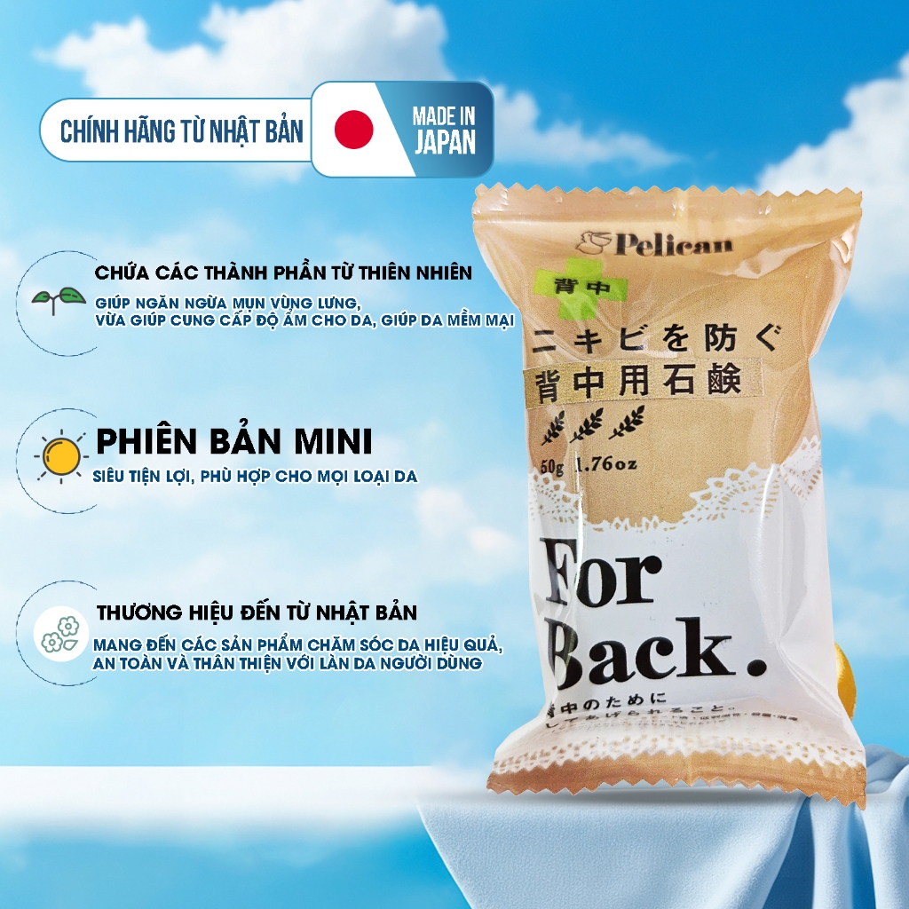 Pelican Xà Phòng Tắm Ngăn Ngừa Mụn Lưng For Back Soap Bar 50G (Phiên Bản Mini + túi lưới tạo bọt)