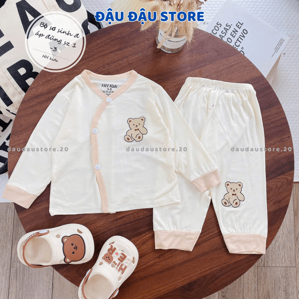 Combo 2-3 Bộ dài tay cho bé sơ sinh VT chất thun lạnh màu kem in hoạ tiết mềm mịn cho bé 0 - 9 tháng DL07 Đậu Đậu Store