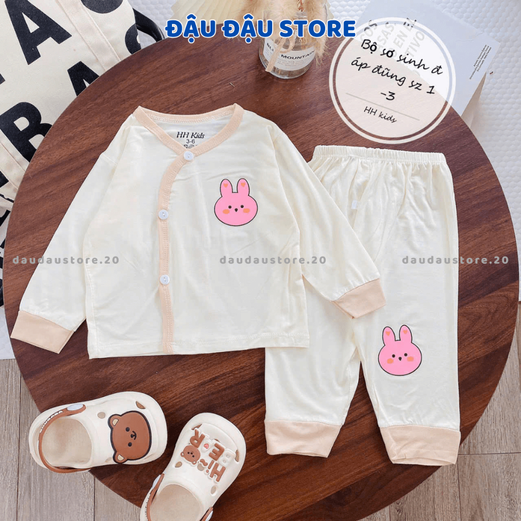 Combo 2-3 Bộ dài tay cho bé sơ sinh VT chất thun lạnh màu kem in hoạ tiết mềm mịn cho bé 0 - 9 tháng DL07 Đậu Đậu Store