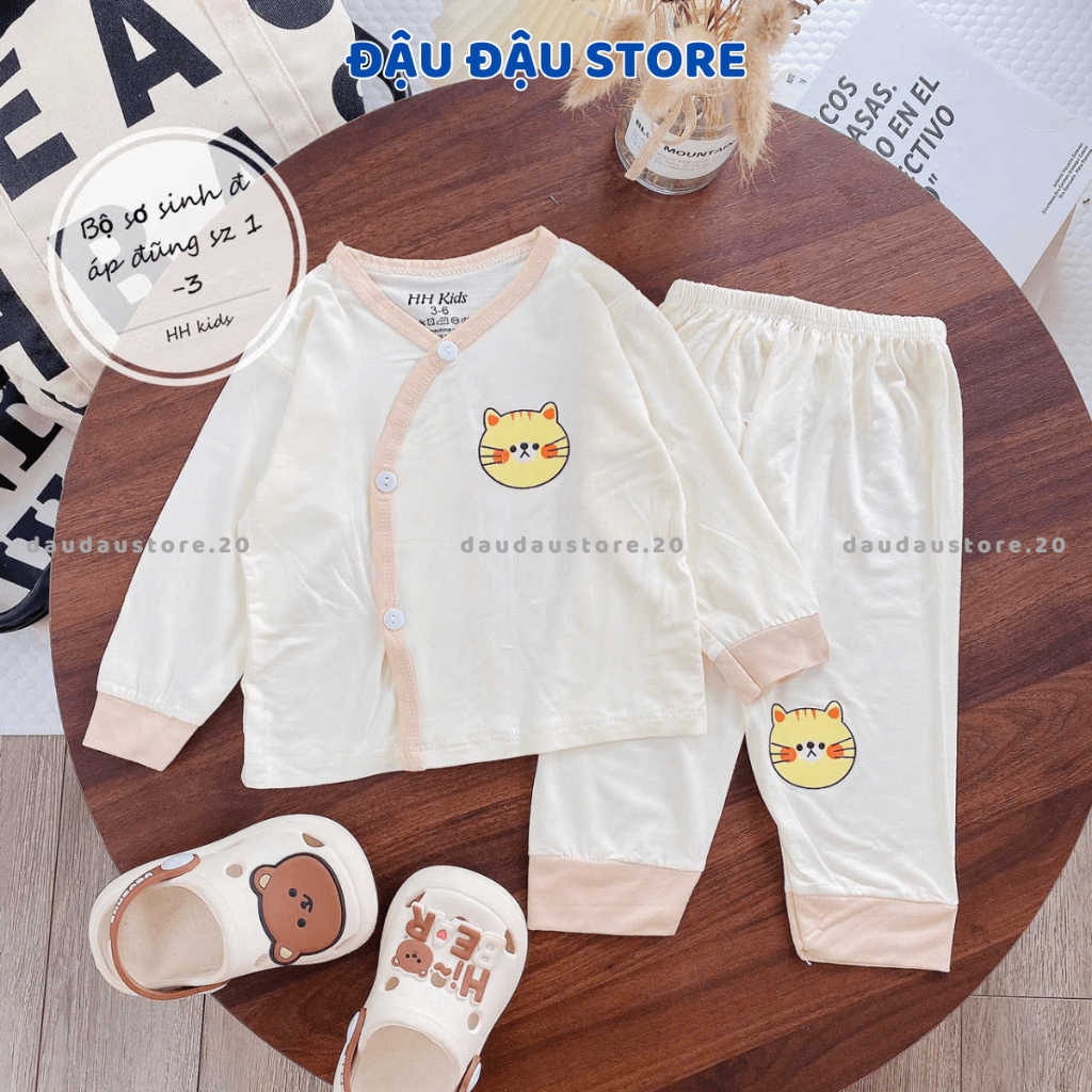 Combo 2-3 Bộ dài tay cho bé sơ sinh VT chất thun lạnh màu kem in hoạ tiết mềm mịn cho bé 0 - 9 tháng DL07 Đậu Đậu Store