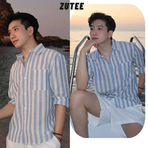 Áo Sơ Mi Kẻ Sọc Vải Linen Cao Cấp Form Rộng Có Túi Ngục , Áo Sơ Mi Oversize ZUTEE