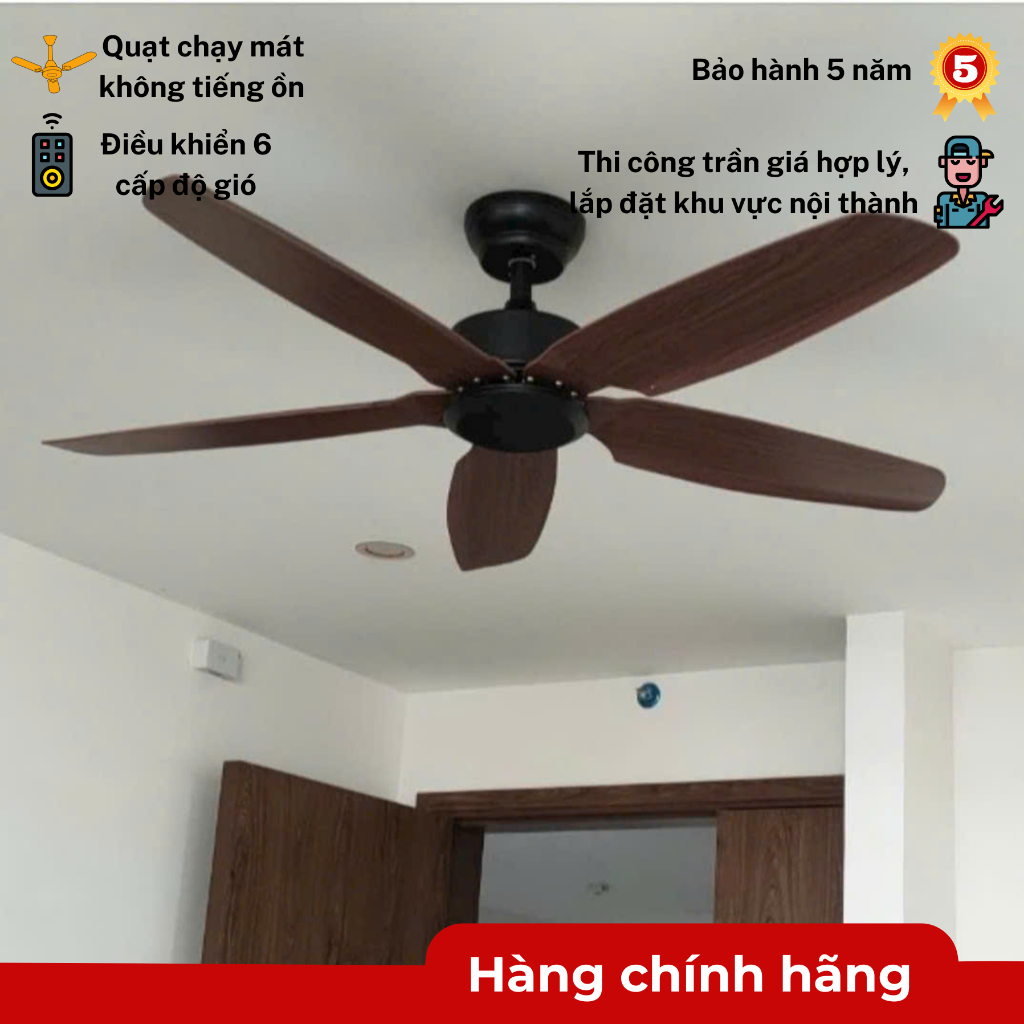 [ HÀNG LOẠI I - LÕI ĐỒNG ] Quạt Trần Không Đèn, 5 Cánh K284, 6 Cấp Độ Gió, Điều Khiển Từ Xa
