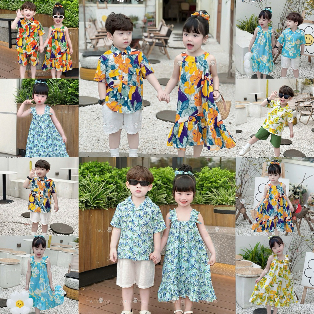 Set Đi Biển Đôi Bé Trai Bé Gái MM 1-10Y (8-40kg), Bộ Bé Trai và Váy Bé Gái Kèm Dây Buộc Tóc Rất Xinh