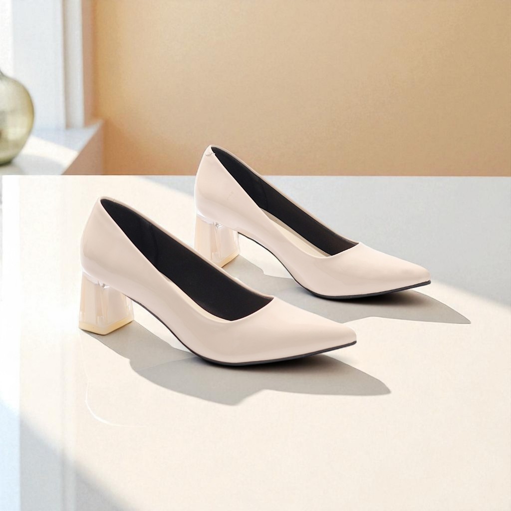 Giày Cao Gót 5cm Da Bóng Mũi Nhọn Đế Vuông Phối Mica Pixie P006
