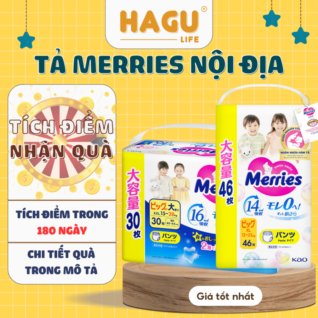 Tã Merries Cộng Miếng Nội Địa Nhật Bỉm Tả Meries Quần Dán Size NB96/S88/M68/L58/M64/L50/XL44/XXL28/M58TC00