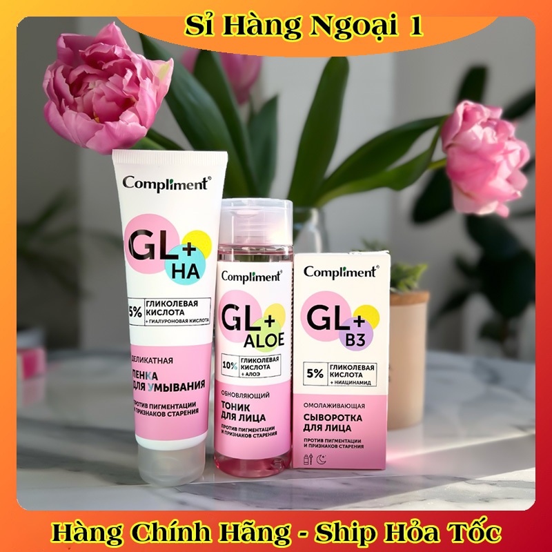 Bộ Sản Phẩm Compliment Glycolic acid + Hyaluronic acid/ Lô hội - giúp làm sạch bề mặt da của Nga