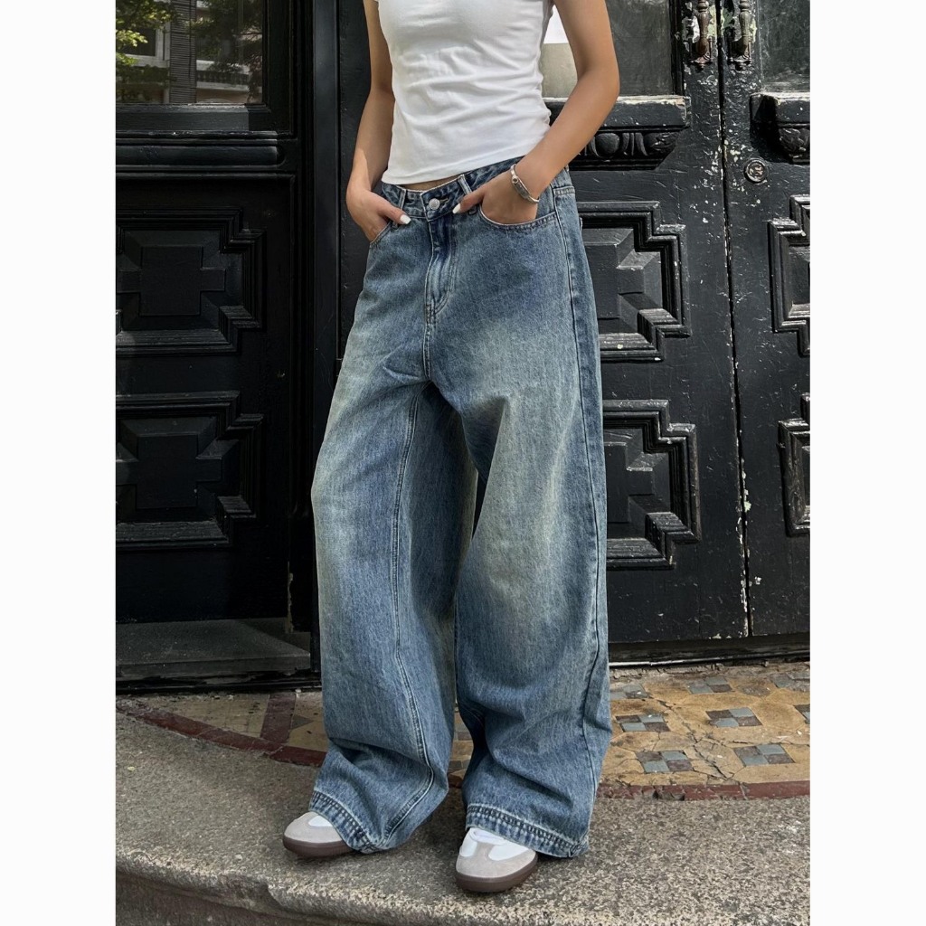 (sẵn )Quần jean ống rộng xanh retro cơ bản dáng unisex chất dày dặn QJ011 - Tiktik