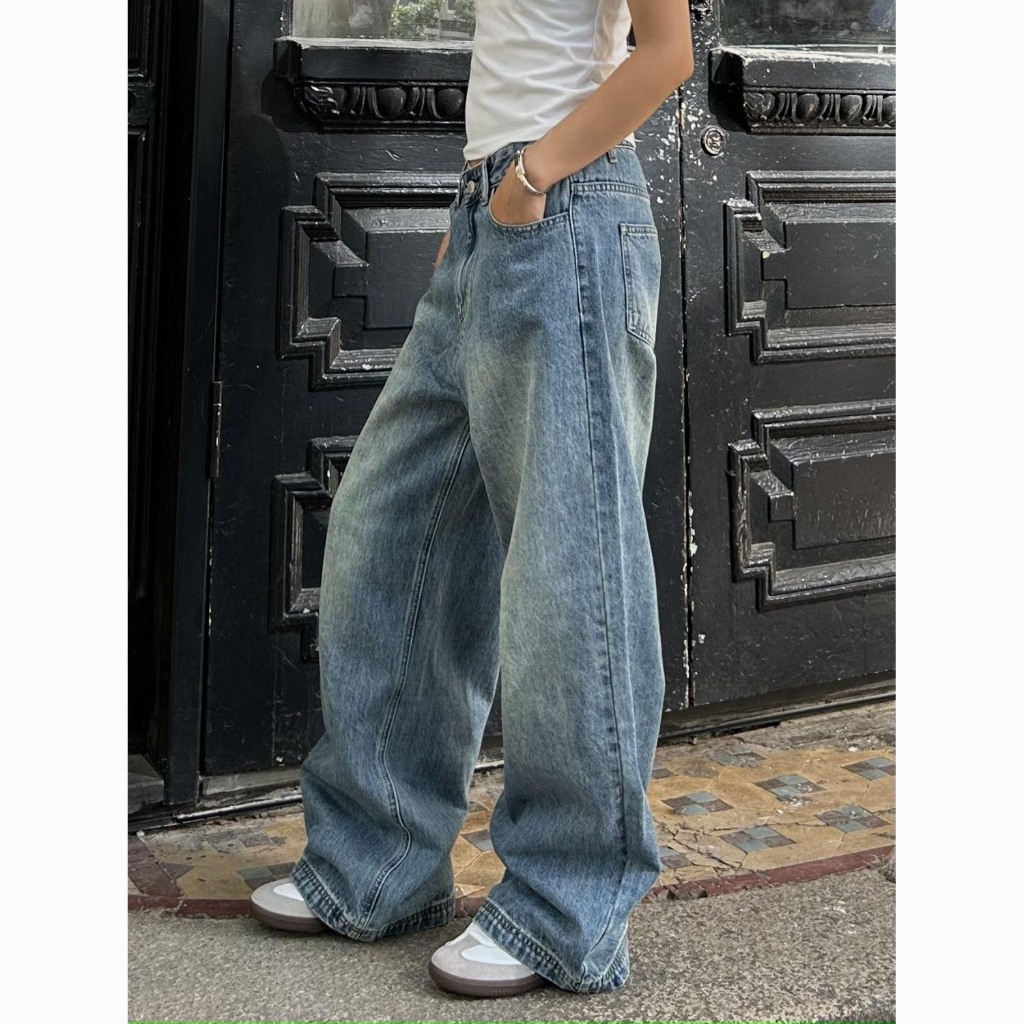 (sẵn )Quần jean ống rộng xanh retro cơ bản dáng unisex chất dày dặn QJ011 - Tiktik