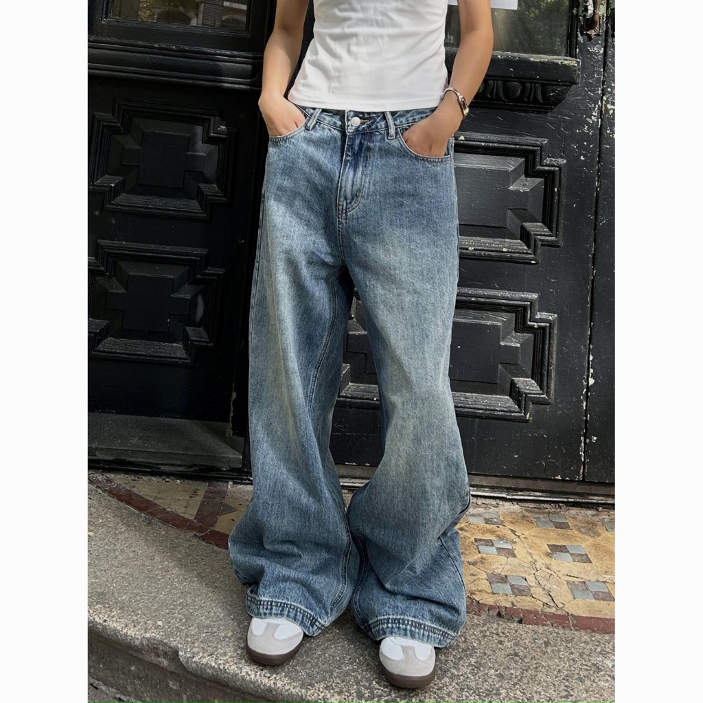 (sẵn )Quần jean ống rộng xanh retro cơ bản dáng unisex chất dày dặn QJ011 - Tiktik