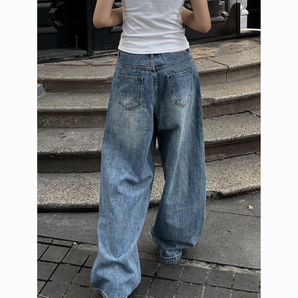(sẵn )Quần jean ống rộng xanh retro cơ bản dáng unisex chất dày dặn QJ011 - Tiktik