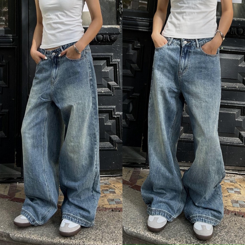 (sẵn )Quần jean ống rộng xanh retro cơ bản dáng unisex chất dày dặn QJ011 - Tiktik